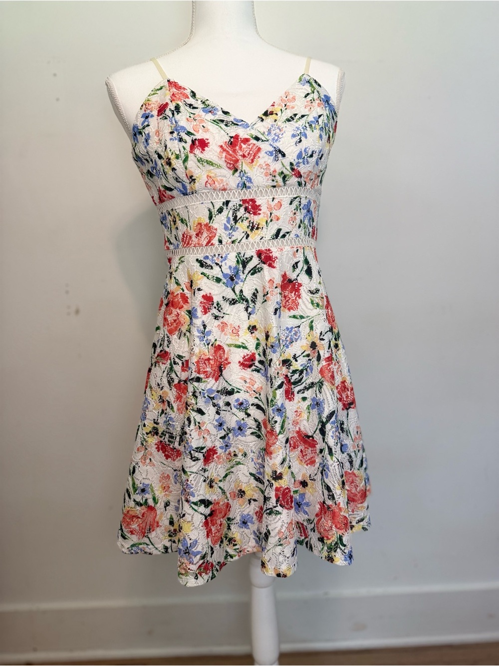 Blue Rain White Floral Lace Mini Dress with Red, Blue, Green Accents